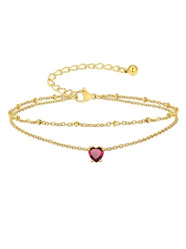 Suplight Gold Plated Butterfly Anklets for Women Waterproof, Layered Boho Ankle Bracelet with Birthstone, Stainless Steel Adjustable Non-Tarnish Heart Foot Jewelry Beach Vacation - color: 07. Heart-July. Ruby