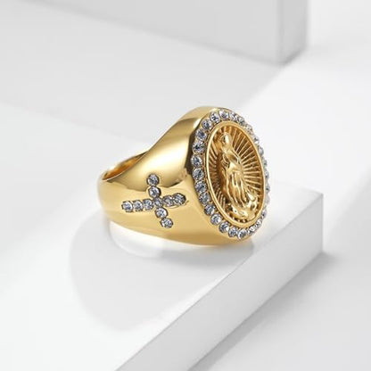 Christian Couple Signet Rings Set: Square Jesus (Men) & Oval Virgin Mary (Women), Stainless Steel Gold Plated with Side CZ Cross, Rhinestone Religious Rings - color: Mary