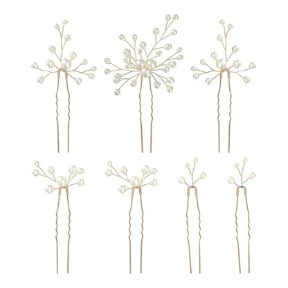 GSHLLO 7 Pcs Faux Pearl Bridal Hair Pins Set Handmade Pearl Wedding Hair Clips Bride Bobby Pins Elegant Prom Barrettes Bridesmaid Jewelry Hairpieces Vintage Pearls Hair Accessories for Women