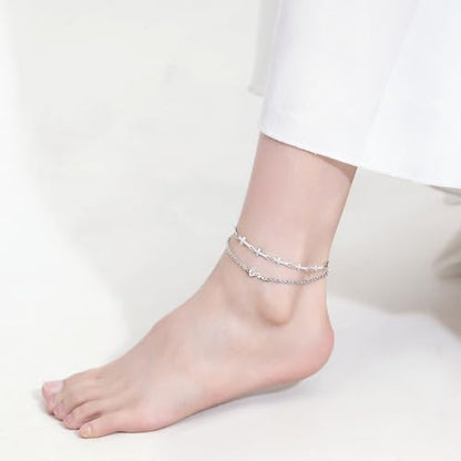 mnmoom Double Layer Cross Anklet for Women, Stainless Steel Love Charm, 10.6 Inch Adjustable Chain, Gold/Silver - color: Silver
