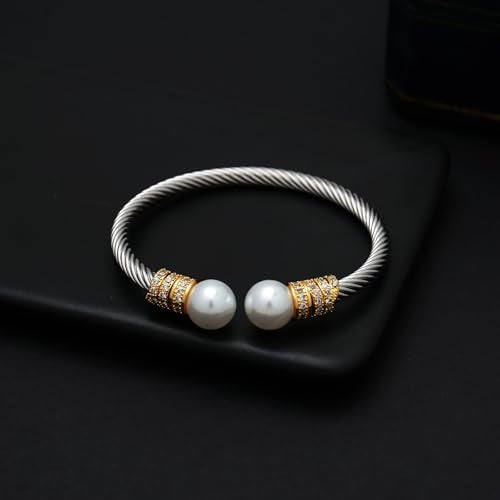 WOWORAMA Twisted Cable Wire Bracelets Two Tone Bangle Bracelet for Women | Stainless Steel, Unisex Gold Silver Bracelet, Mixed Metal Chunky Bangles Jewelry - color: Silver Pearl