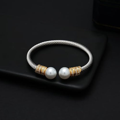 WOWORAMA Twisted Cable Wire Bracelets Two Tone Bangle Bracelet for Women | Stainless Steel, Unisex Gold Silver Bracelet, Mixed Metal Chunky Bangles Jewelry - color: Silver Pearl