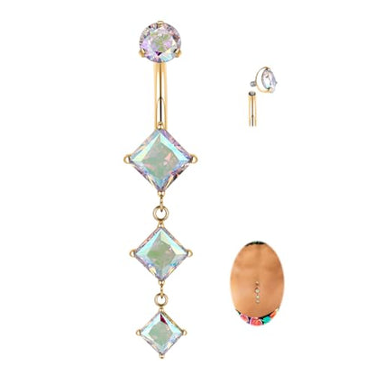 FUNLMO Dangle Belly Button Ring Titanium Belly Rings Belly Button Piercing Cube Zircon Internally Threaded Floating Navel Piercing Jewelry 14G 10mm - color: Gold,Aurora Borealis CZ