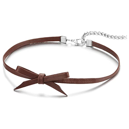 Ladies Leather Bow Choker Necklace Pendant - color: D- Brown Color