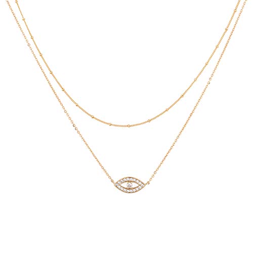 MEVECCO Dainty Pendant Layered Necklaces for Women | 18K Gold Plated Brass, 2-Piece Set With A Choker-Length Upper Layer, Wear Together Or Separately, Refined Everyday Style - style: layer evil eye