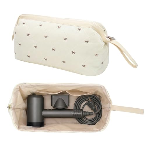 TeeYee Nylon Hair Tools Travel Bag for Dyson Airwrap Quilted Toiletry Bag | Travel Storage Bag for Shark Flexstyle/Curling Iron,Water-repellent,Wide-open,Well-structured,Heat-safe lining,001beigebow - color: Beigebow