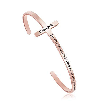 𝐂𝐫𝐨𝐬𝐬 𝐁𝐫𝐚𝐜𝐞𝐥𝐞𝐭 Religious Cuff Bangle 𝐁𝐢𝐛𝐥𝐞 𝐕𝐞𝐫𝐬𝐞 Christian Gifts Jewelry for 𝐖𝐨𝐦𝐞𝐧 - style: He will cover you with his feathers,and under his wings you will find refuge -Psalm 91:4