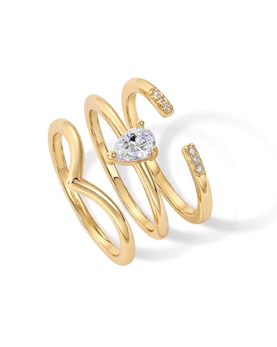 PAVOI 14K Gold Plated Cubic Zirconia & Opal Stackable Rings for Women | Classy Stacking Band with Gemstones, Everyday Jewelry - color: Yellow Gold, size: 7, style: Teardrop CZ