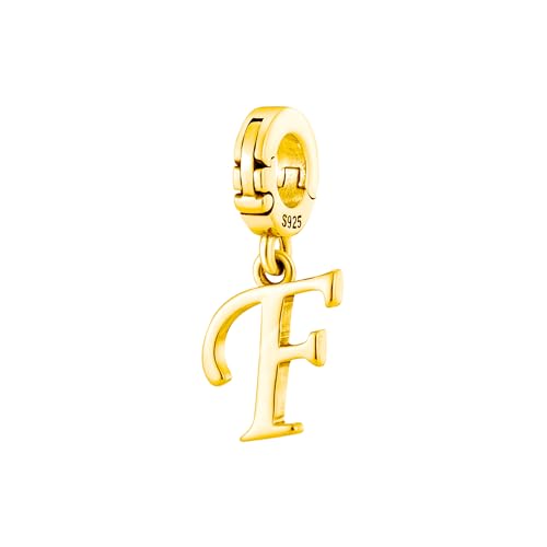 A-Z Alphabet Letters Versatile Clip On Open Multi-Clasp Pendant 925 Sterling Silver Charm For Pandora & Other Link Charm Bracelets/Necklaces/Anklets/Etc - color: Yellow Gold, size: F