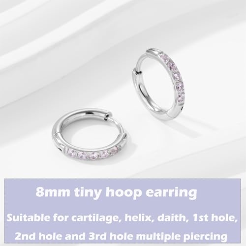Hypoallergenic Unisex Surgical Steel Small Cubic Zirconia Huggie Hoop Earring, Color Gold - Silver - Rose Gold - Black - Rainbow, Size 6mm- 12mm Safe for Sensitive Ear - style: 8MM Silver Hoops, Pink CZ