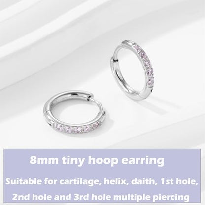 Hypoallergenic Unisex Surgical Steel Small Cubic Zirconia Huggie Hoop Earring, Color Gold - Silver - Rose Gold - Black - Rainbow, Size 6mm- 12mm Safe for Sensitive Ear - style: 8MM Silver Hoops, Pink CZ