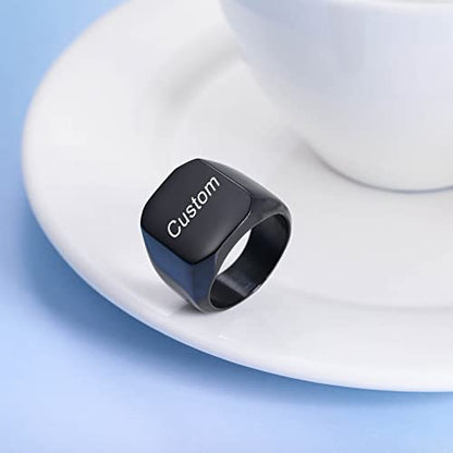 INBLUE Personalized Engraved Initial Monogram Signet Rings for Man Women Stainless Steel Rings Customize Jewelry with Ring Size Adjuster - color: Black: Text