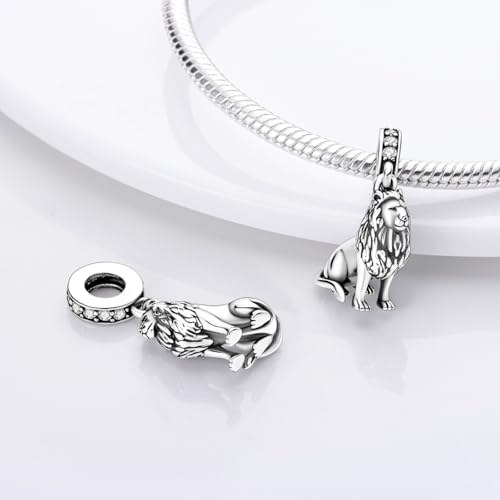 S925 Sterling Silver Cute Bead Charm for Pandora Bracelets and Necklaces | Lucky Clover Cute Animal Pink Bow Cherry Butterfly Pendant Bead Charms Jewelry Making Gifts for Women Valentines Mother's Day - style: Lion Dangle Charm