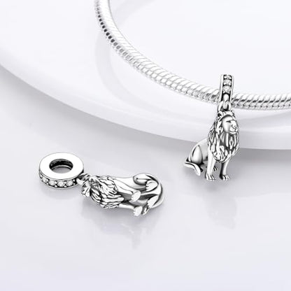 S925 Sterling Silver Cute Bead Charm for Pandora Bracelets and Necklaces | Lucky Clover Cute Animal Pink Bow Cherry Butterfly Pendant Bead Charms Jewelry Making Gifts for Women Valentines Mother's Day - style: Lion Dangle Charm
