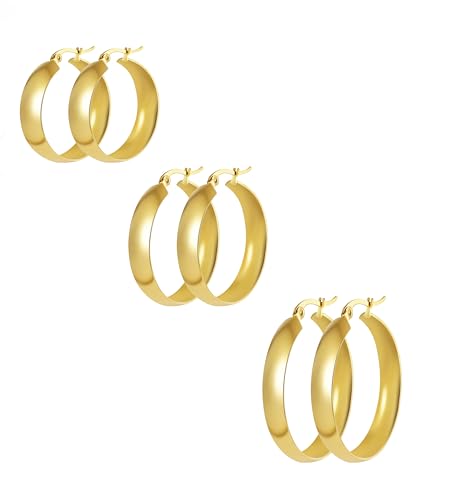 Lightweight Chunky Hoop Earrings Set for Women,3 Pairs Gold Thick Large Stainless Steel Hypoallergenic Hoop Earrings,14k Gold Plated Hoop Earrings Gold Jewelry Gifts