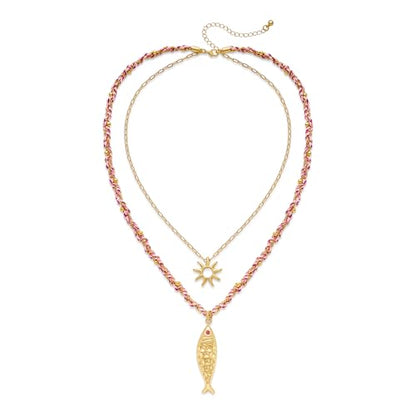 Shell Necklaces for Women Trend Boho Scarf Necklaces Ocean Mermaid Conch Seashell Necklace Summer Gold Fish Necklace Fashion Beach Jewelry - color: Sun fish necklace
