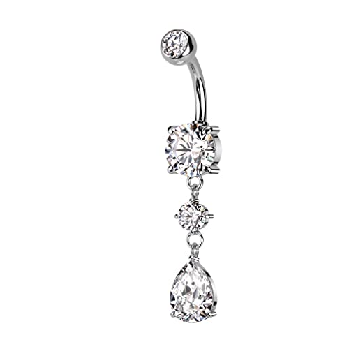 Pierced Owl 14GA 316L Stainless Steel CZ Crystal Tear Drop Dangling Belly Button Ring - style: Silver Tone