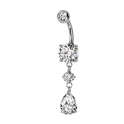 Pierced Owl 14GA 316L Stainless Steel CZ Crystal Tear Drop Dangling Belly Button Ring - style: Silver Tone