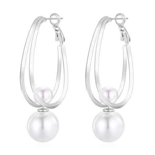 14k Gold Plated Lightweight Pearl Earrings,Trendy Jewelry,Teardrop Hoop Earrings for Women,Pearl Drop Earrings,Elegant Jewelry for Gifts - color: silver pearl