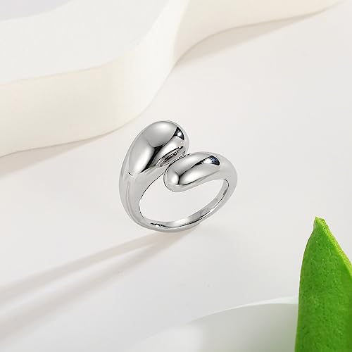 WOWORAMA Chunky Open Rings for Women Gold Silver Adjustable Dome Teardrop Rings Bold Thick Statement Rings Simple Stackable Band Rings - color: Silver-tone Teardrop Ring