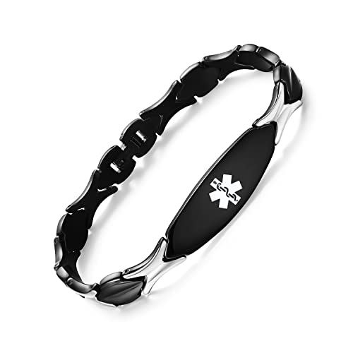 LinnaLove Fashion Shiny medical alert bracelet with Free Engraving Stainless steel Medical id bracelet for Women - color: Black