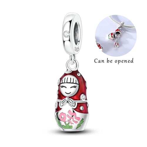 Hapour 925 Sterling Silver Charms for Bracelet Necklace Dangle Pendant Bead | Whale Shark Charm, Glow in the Dark, Matryoshka Russian Doll Baking European Jewelry Charm, 14k Gold Plated - style: Red Russian Doll