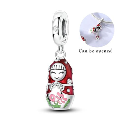 Hapour 925 Sterling Silver Charms for Bracelet Necklace Dangle Pendant Bead | Whale Shark Charm, Glow in the Dark, Matryoshka Russian Doll Baking European Jewelry Charm, 14k Gold Plated - style: Red Russian Doll