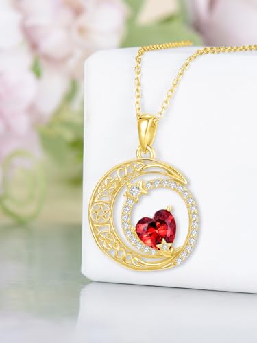 Midari 18K Yellow Gold Sun Moon Star Pendant Rose Flower Necklaces I Love You Forever Sun Moon Jewelry Gift for Mother Women - color: 01-Jan-Garnet, style: Moon&Star