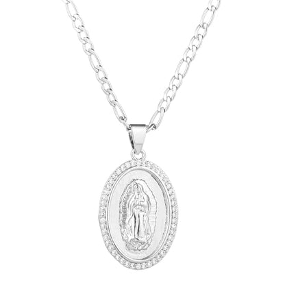 14K Gold Plated Guadalupe Virgin Mary Oval Pendant Necklace for Women Men Zircon Inlay Virgin Mary 3mm Flat Figaro Chain Necklace - color: white, size: chain length:18"