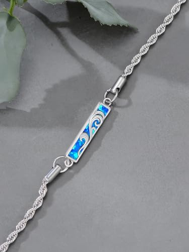 Waves/Tree of Life/Mushrooms/Moon Phase/Butterfly/Hummingbird Bracelet/Anklet 925 Sterling Silver Adjustable Abalone Shell Bar Bracelet/Anklet Summer Jewelry Gifts for Women - color: Waves-Blue Opal, size: Bracele 7"+2"