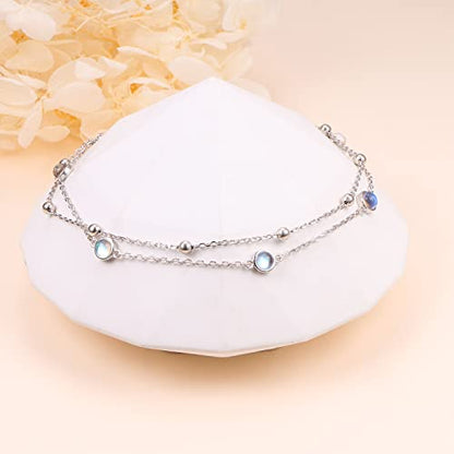 Flyow Anklet for Women S925 Sterling Silver Adjustable Foot Beaded Heart Charm Ankle Bracelet Anklets Jewelry - style: moonstone