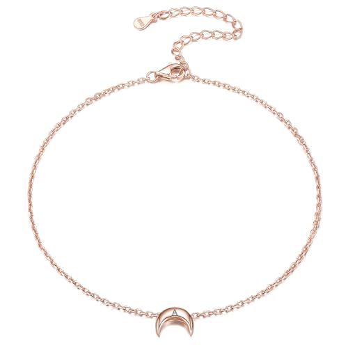 ChicSilver Personalized 925 Sterling Silver Tiny Heart/Moon/Star/Sun/Dot/Triangle Anklets Simple Dainty Foot Jewelry for Women, Silver/Gold Plated/Rose Gold Plated - style: Rose Gold Moon Custom