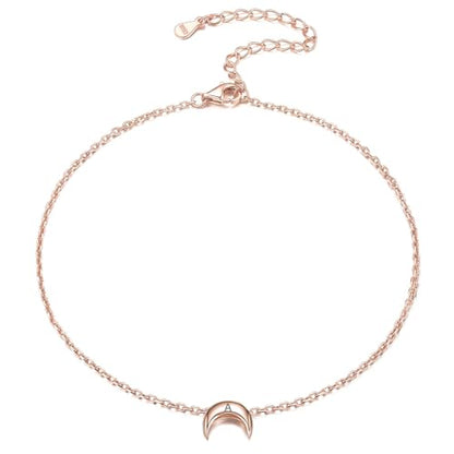ChicSilver Personalized 925 Sterling Silver Tiny Heart/Moon/Star/Sun/Dot/Triangle Anklets Simple Dainty Foot Jewelry for Women, Silver/Gold Plated/Rose Gold Plated - style: Rose Gold Moon Custom