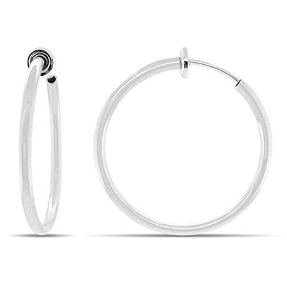 Clip On Spring Hoop Earrings for Non-Pierced Ears - color: Bright Silver-Tone, size: 30mm
