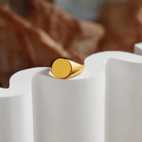 MYNENEY Stainless Steel Round Statement Pinky Signet Rings for Men Women - color: Gold