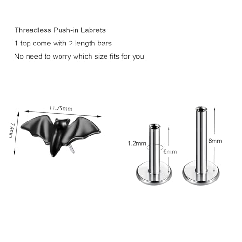 1pcs G23 Titanium Flat Back Earrings Studs 16g F136 Implant Grade Titanium Labrets Press Fit Threadless Push In Dainty Cartilage Helix Conch Lobe Lip Tragus Piercing Jewelry - style: 1pcs 16G Bat