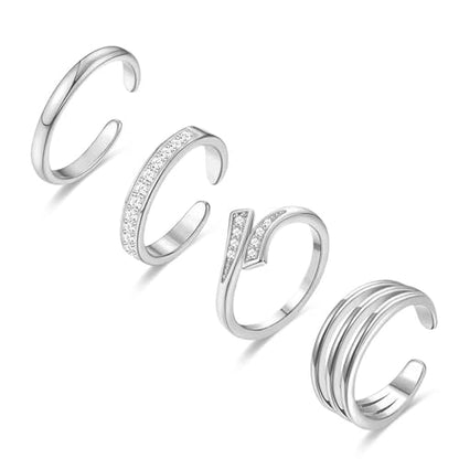 LOFITOR 4PCS Gold Toe Rings for Women Non Tarnish Waterproof Toe Ring Set | 14K Gold Filled Dainty Stackable Cute Thin Adjustable Open Band Toe Ring Cz Foot Jewelry For Beach Summer Hawaiian - style: Elegant Silver