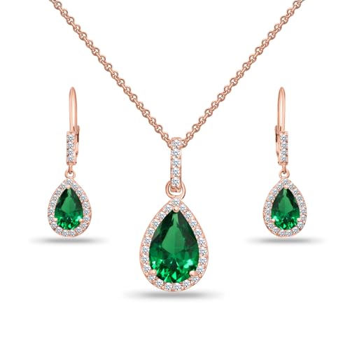 Jewelry Sets for Women, Necklace and Earring Sets for Women, Birthstone Jewelry, Genuine or Synthetic Gemstones, Teardrop Necklace and Dangle Earrings, Pendant Necklace, Sterling Silver Jewelry - color: Simulated Emerald - Rose Gold
