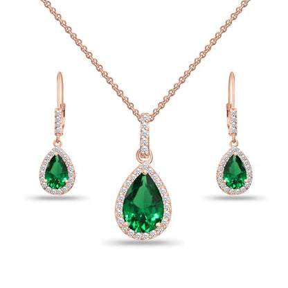 Jewelry Sets for Women, Necklace and Earring Sets for Women, Birthstone Jewelry, Genuine or Synthetic Gemstones, Teardrop Necklace and Dangle Earrings, Pendant Necklace, Sterling Silver Jewelry - color: Simulated Emerald - Rose Gold