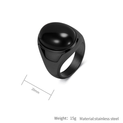PAURO Men's Stainless Steel Oval Gemstone Signet Rings Minimalist Polish Plain Wedding Band - color: Black Plated Black