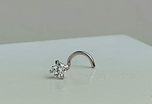 Jewelry Avalanche Solid 14Kt Gold Nose Screw, 24G Nose Hook, Nose Stud, 14kt Yellow Gold or 14kt White Gold Nose Ring Prong Set CZ Accent - style: 14kt white gold w/ 2.5mm cz