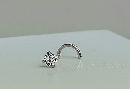 Jewelry Avalanche Solid 14Kt Gold Nose Screw, 24G Nose Hook, Nose Stud, 14kt Yellow Gold or 14kt White Gold Nose Ring Prong Set CZ Accent - style: 14kt white gold w/ 2.5mm cz