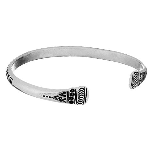 81stgeneration Karen Hill Tribe Silver Engraved Pattern Torque Bangle - Adjustable Boho Bracelet for Women and Men - Bohemian Style Jewelry - Heavy Cuff Design