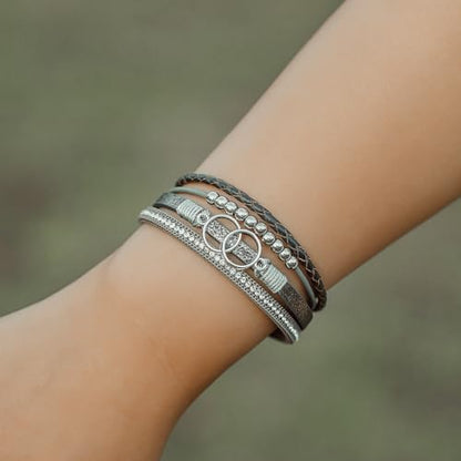 Chunky Boho Leather Wrap Bracelets Cowgirl Beaded Circle Western Jewelry | Stackable Infinity Layered Bohemian Magnetic Clasp Cuff Statement Fashion Colorful Country Hippie Outfits for Women Trendy - color: Grey