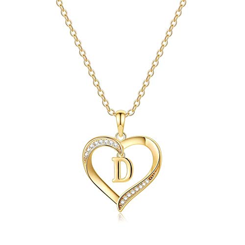 Yesteel Heart Initial Necklaces for Women, 14K Gold Plated Cubic Zirconia Heart Pendant Necklace, Dainty Initial Charm Necklace Letter A to Z Jewelry for Women Girls - style: D