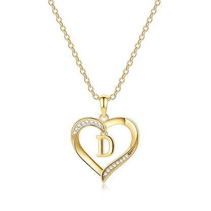 Yesteel Heart Initial Necklaces for Women, 14K Gold Plated Cubic Zirconia Heart Pendant Necklace, Dainty Initial Charm Necklace Letter A to Z Jewelry for Women Girls - style: D