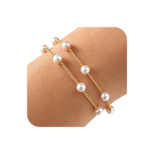 DAYANEY Pearl Bracelets for Women Gold Bracelet Silver Pearl Jewelry | Gold Bracelet Silver Pearl Jewelry Summer Gifts for Girls Dainty Daisy and Heart Bracelets Cute Floral Jewelry for Bridesmaid - style: Gold Pearl-Layered