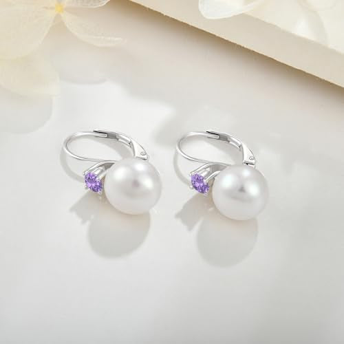 JO WISDOM 925 Sterling Silver Cubic Zirconia Freshwater Cultured Pearl Drop & Dangle Leverback Earrings - color: 10mm,amethyst color
