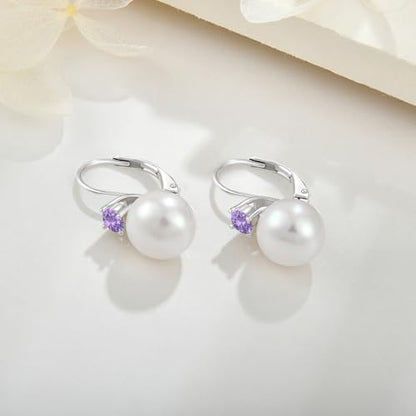 JO WISDOM 925 Sterling Silver Cubic Zirconia Freshwater Cultured Pearl Drop & Dangle Leverback Earrings - color: 10mm,amethyst color