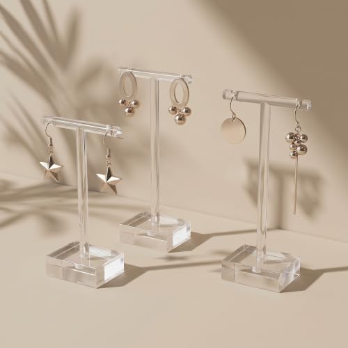 Acrylic T-Bar Earring Display Stand, 3 PCS Hanging Earring Holder Jewelry Holder for Earrings Necklaces & Bracelets, Clear Countertop Jewelry Organizer for Retail & Home, Photography Props